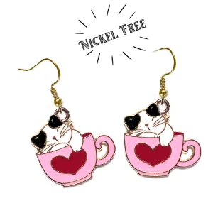 Adorable Black and White Cat in a Cup Earrings 