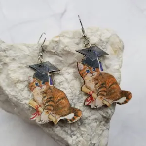Graduation Cat Wooden Earrings